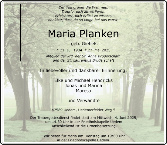 Traueranzeige von Maria Planken von NNA