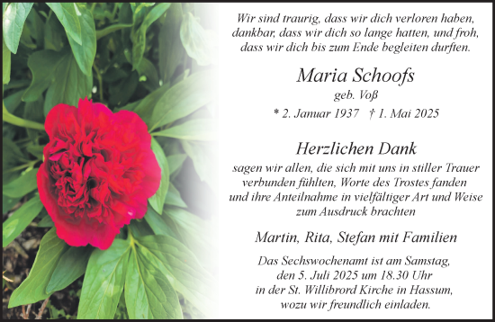 Traueranzeige von Maria Schoofs von NNA