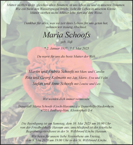 Traueranzeige von Maria Schoofs von NNA