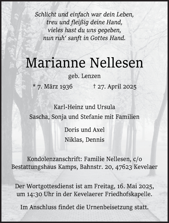 Traueranzeige von Marianne Nellesen von NNA