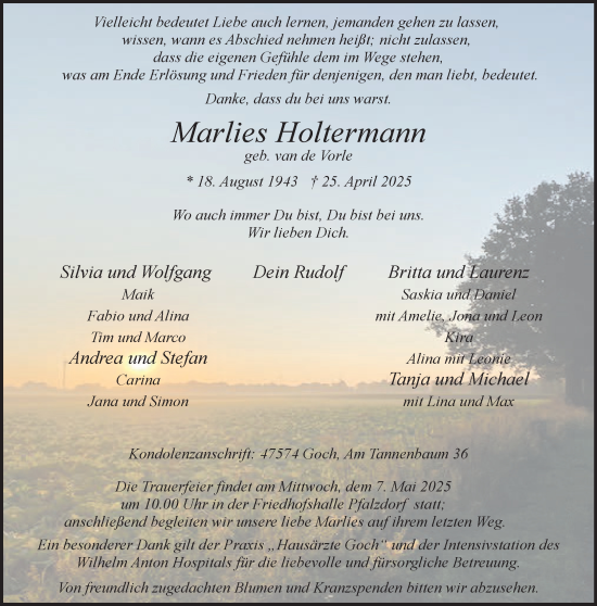 Traueranzeige von Marlies Holtermann von NNA