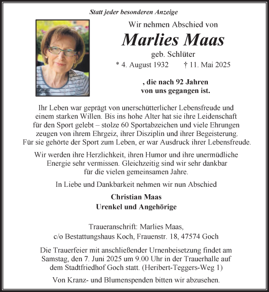 Traueranzeige von Marlies Maas von NNA