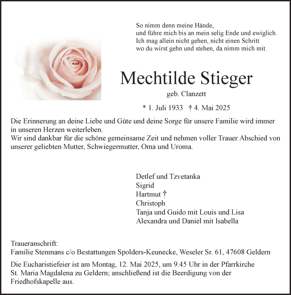  Traueranzeige für Mechtilde Stieger vom 10.05.2025 aus NNA