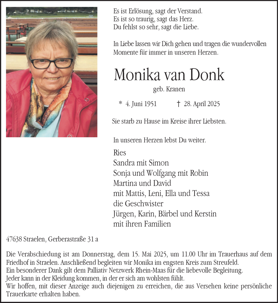  Traueranzeige für Monika van Donk vom 10.05.2025 aus NNA