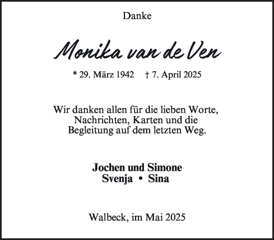 Traueranzeige von Monika von de Ven von NNA