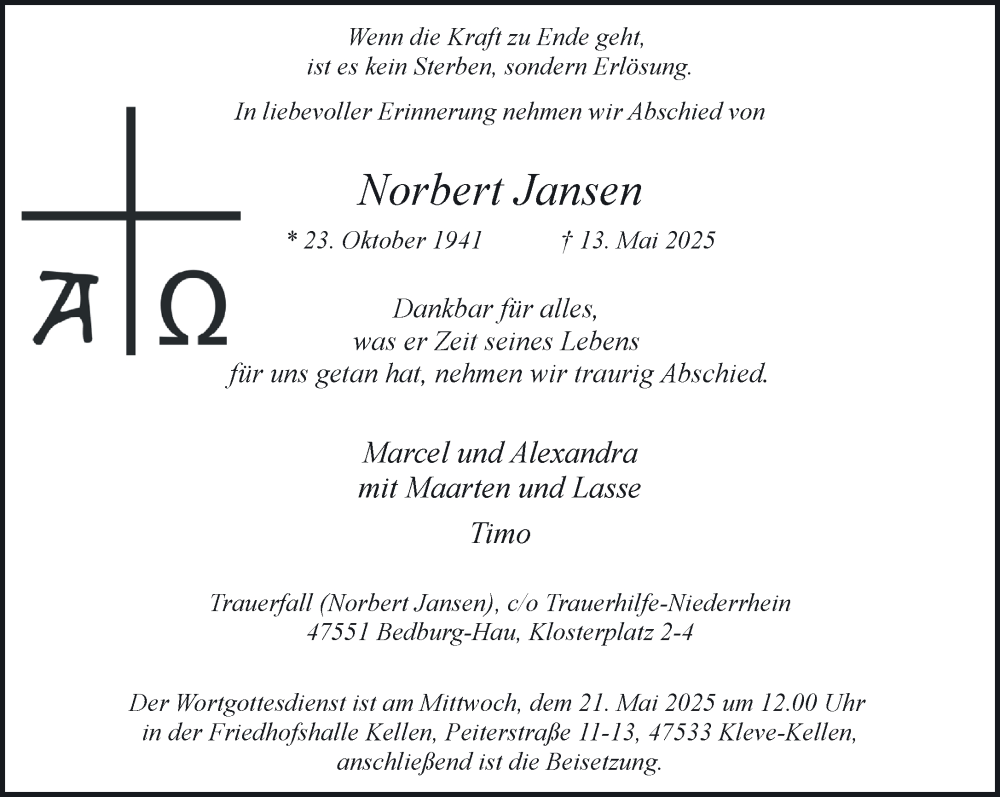 Traueranzeige für Norbert Jansen vom 17.05.2025 aus NNA