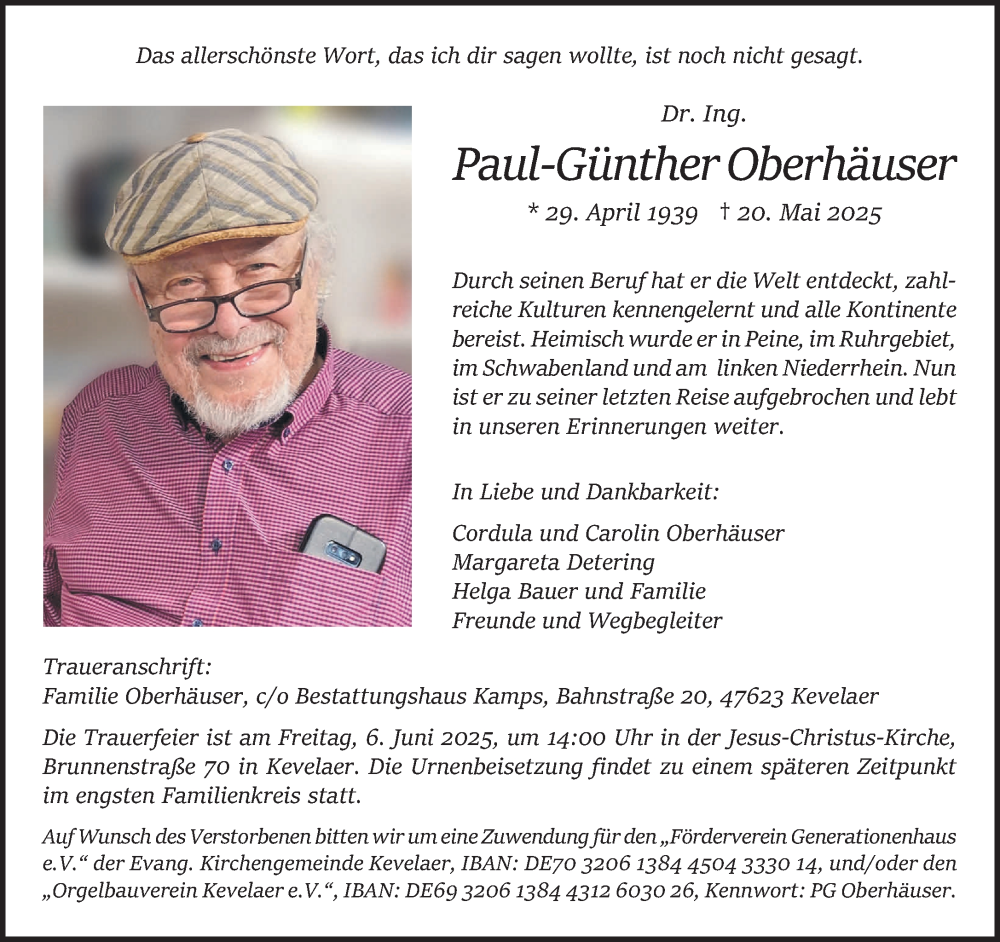  Traueranzeige für Paul-Günther Oberhäuser vom 31.05.2025 aus NNA