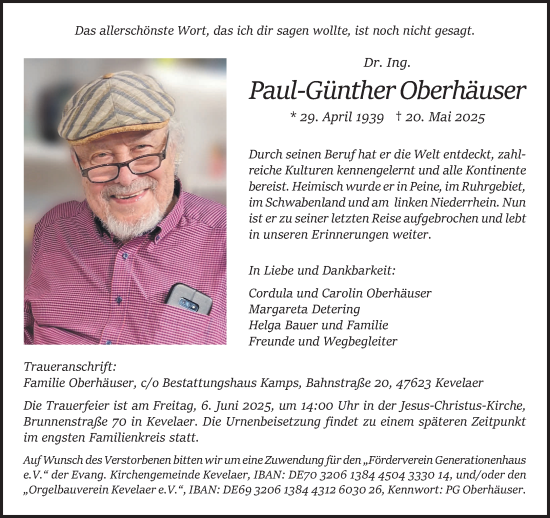 Traueranzeige von Paul-Günther Oberhäuser von NNA