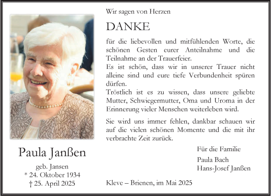 Traueranzeige von Paula Janßen von NNA