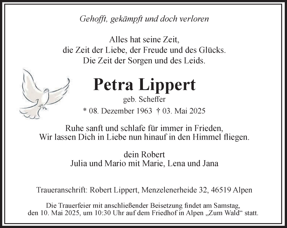  Traueranzeige für Petra Lippert vom 07.05.2025 aus NNA
