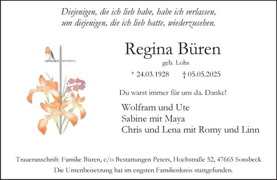 Traueranzeige von Regina Büren von NNA