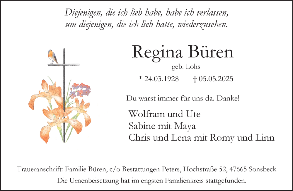  Traueranzeige für Regina Büren vom 24.05.2025 aus NNA