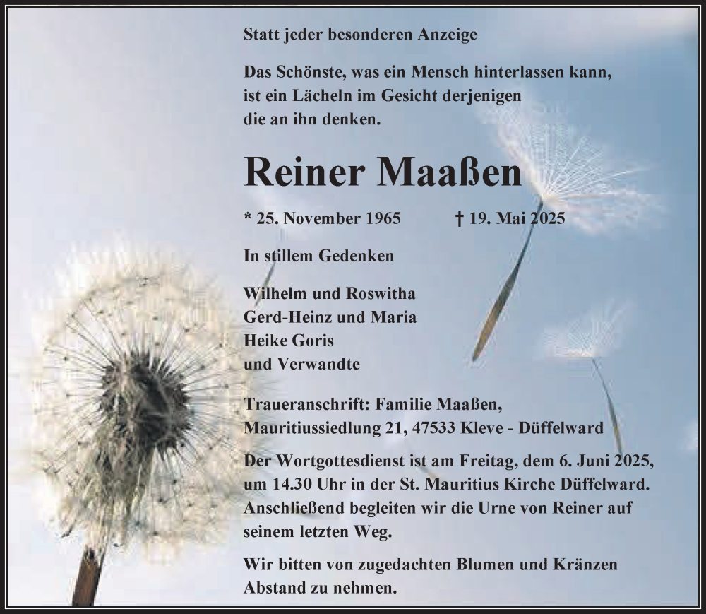  Traueranzeige für Reiner Maaßen vom 31.05.2025 aus NNA