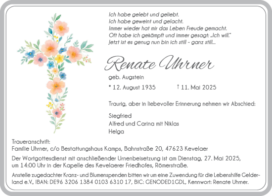 Traueranzeige von Renate Uhrner von NNA