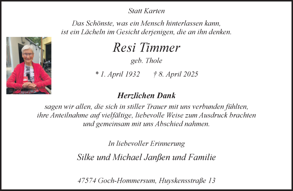  Traueranzeige für Resi Timmer vom 24.05.2025 aus NNA