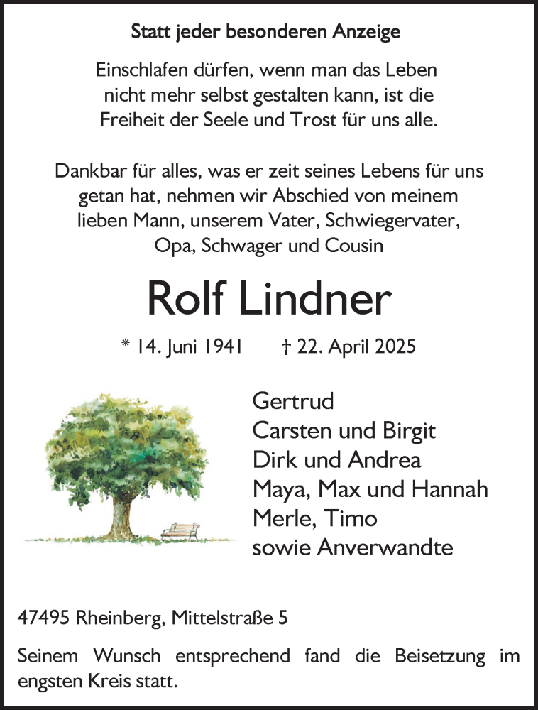  Traueranzeige für Rolf Lindner vom 07.05.2025 aus NNA