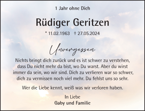 Traueranzeige von Rüdiger Geritzen von NNA