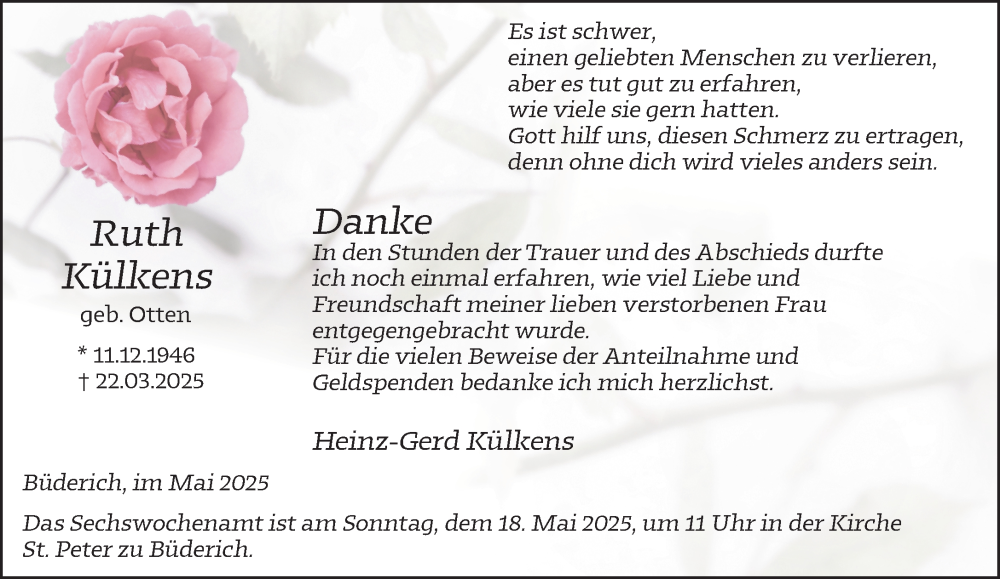  Traueranzeige für Ruth Külkens vom 14.05.2025 aus NNA