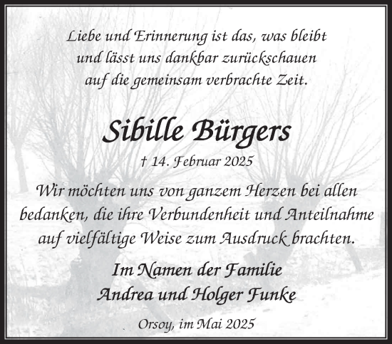 Traueranzeige von Sibille Bürgers von NNA