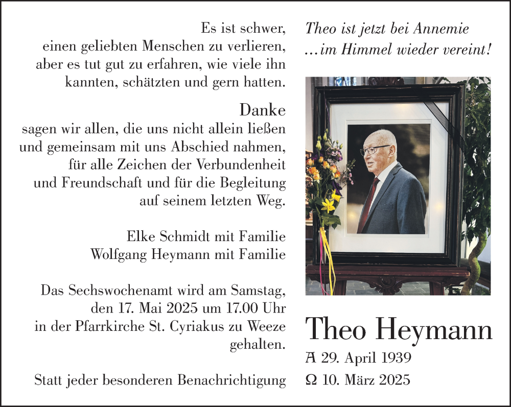  Traueranzeige für Theo Heymann vom 10.05.2025 aus NNA