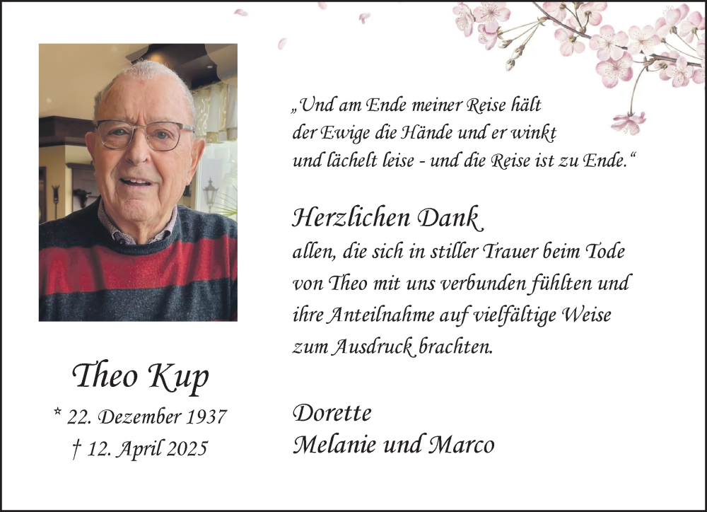  Traueranzeige für Theo Kup vom 31.05.2025 aus NNA