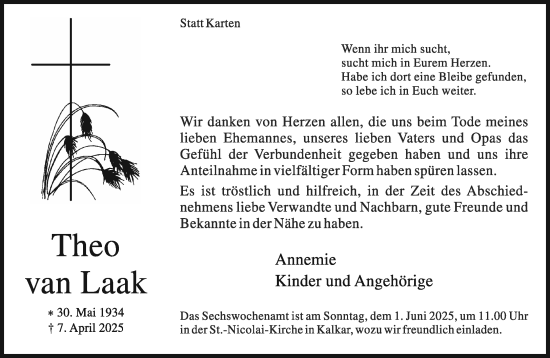 Traueranzeige von Theo van Laak von NNA