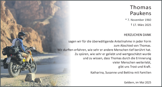 Traueranzeige von Thomas Paukens von NNA