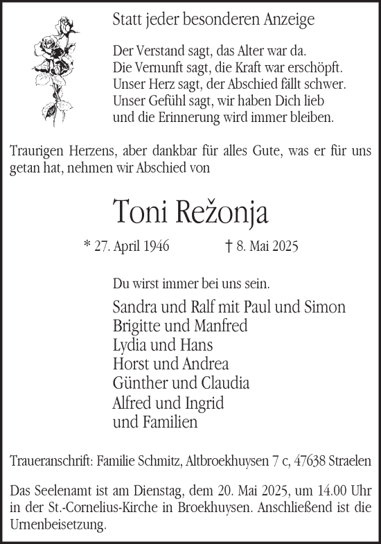 Traueranzeige von Toni Rezonja von NNA