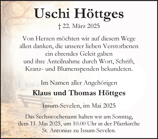Traueranzeige von Uschi Höttges von NNA