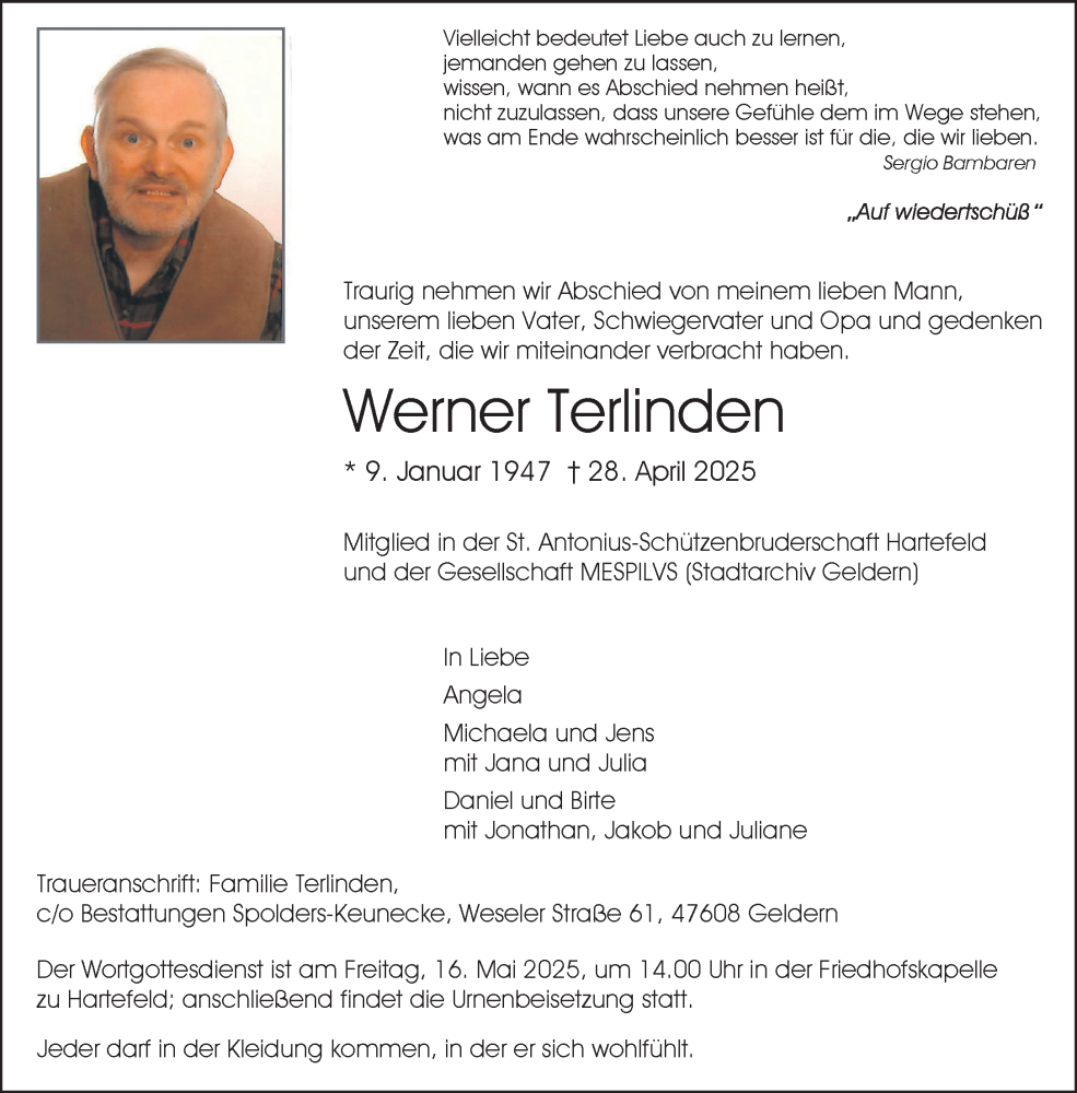  Traueranzeige für Werner Terlinden vom 10.05.2025 aus NNA