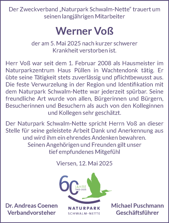 Traueranzeige von Werner Voß von NNA