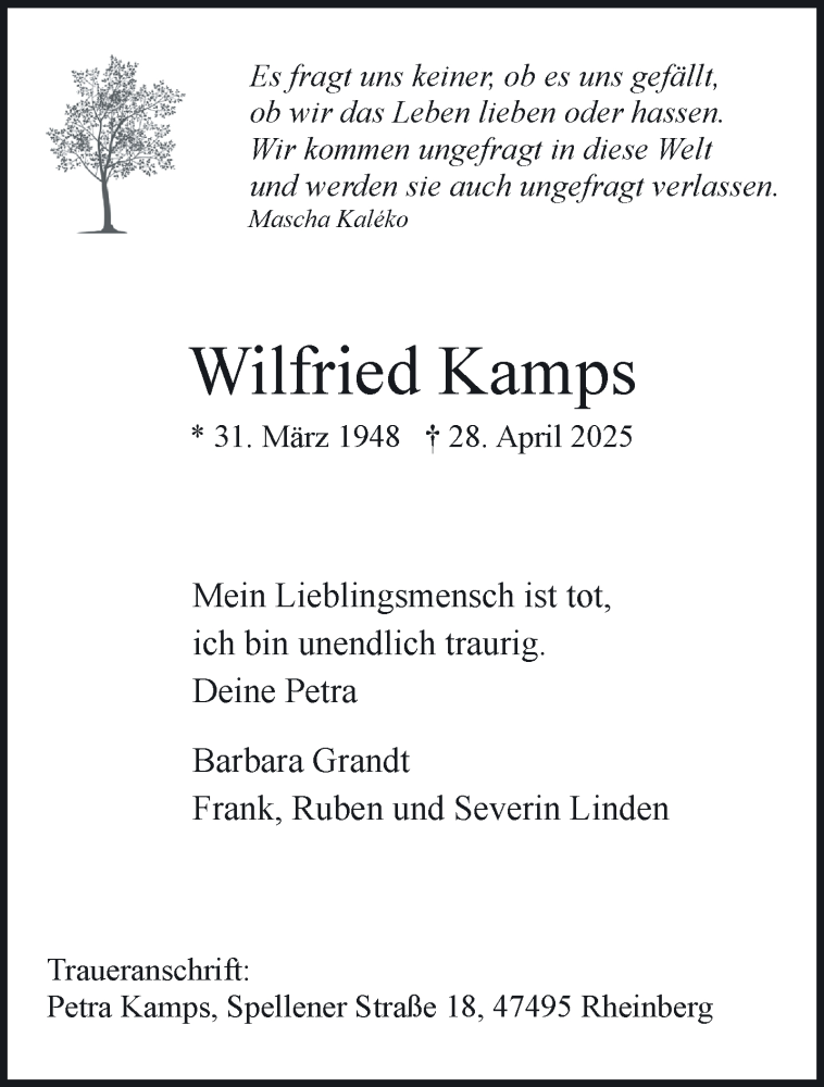 Traueranzeige für Wilfried Kamps vom 14.05.2025 aus NNA