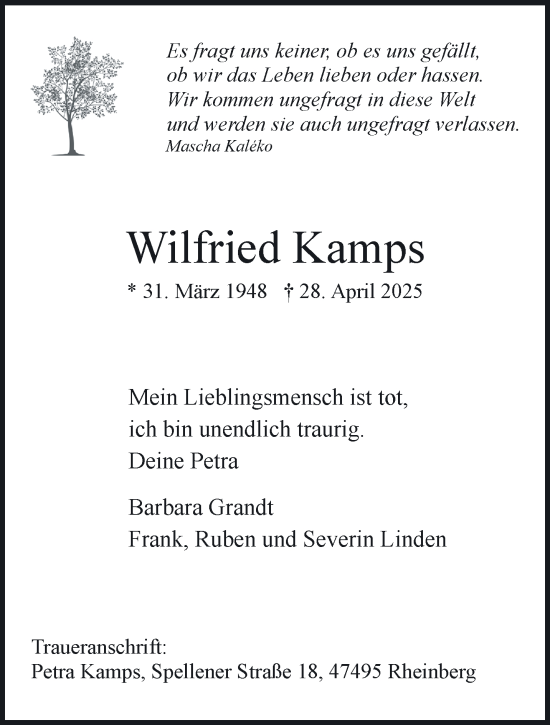 Traueranzeige von Wilfried Kamps von NNA