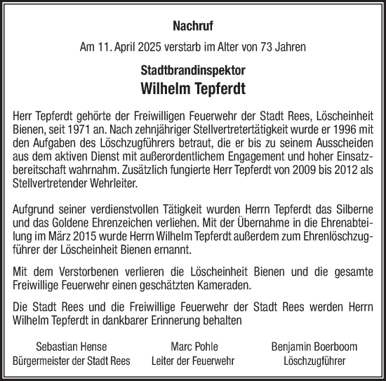 Traueranzeige von Wilhelm Tepferdt von NNA