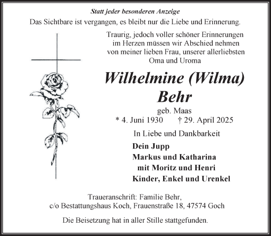 Traueranzeige von Wilhelmine Behr von NNA