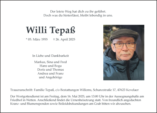 Traueranzeige von Willi Tepaß von NNA