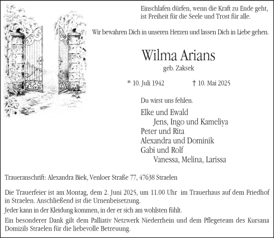 Traueranzeige von Wilma Arians von NNA