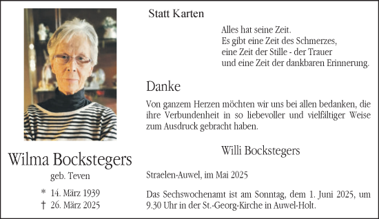 Traueranzeige von Wilma Bockstegers von NNA