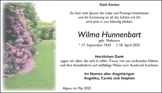 Traueranzeige von Wilma Hunnenbart von NNA