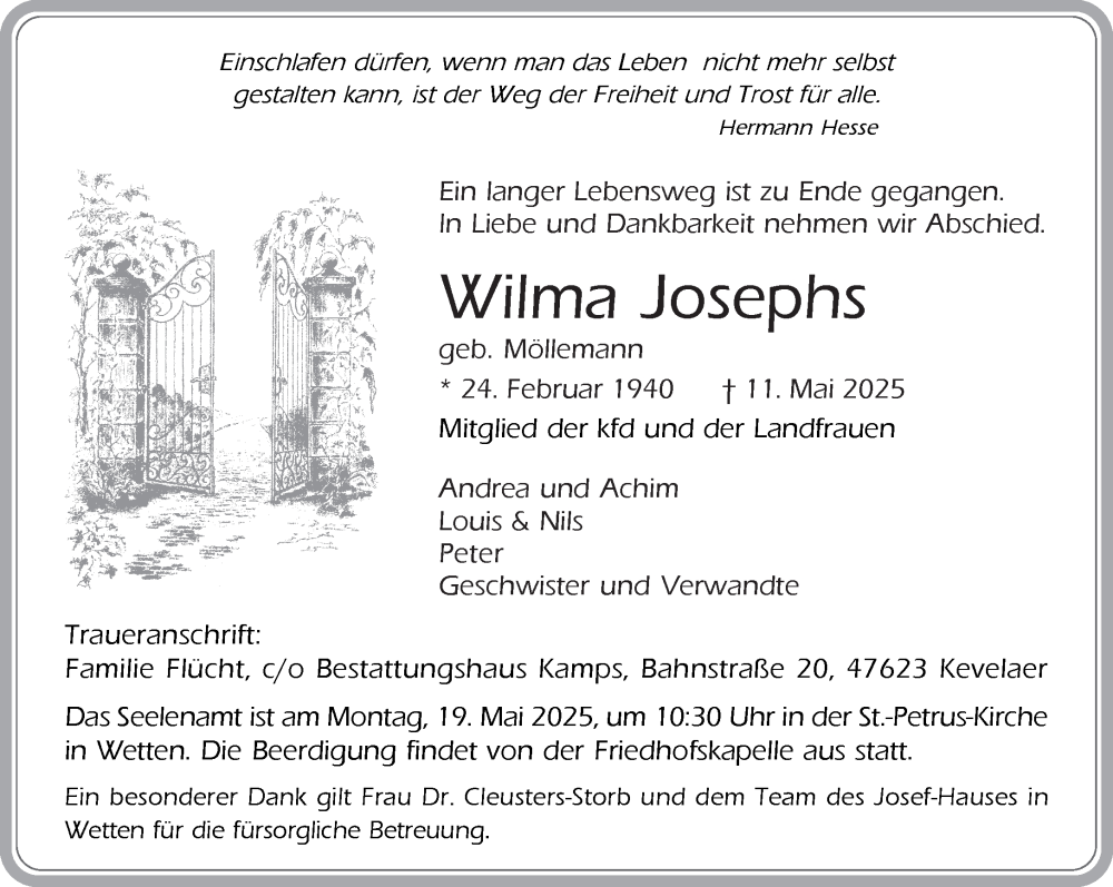  Traueranzeige für Wilma Josephs vom 17.05.2025 aus NNA