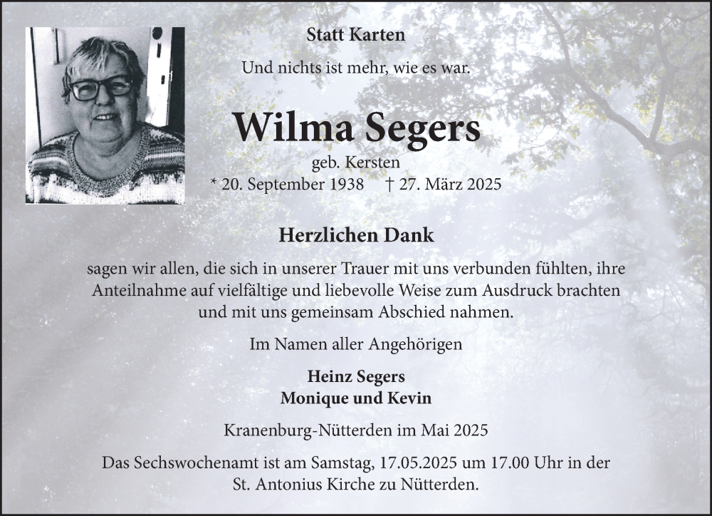  Traueranzeige für Wilma Segers vom 14.05.2025 aus NNA
