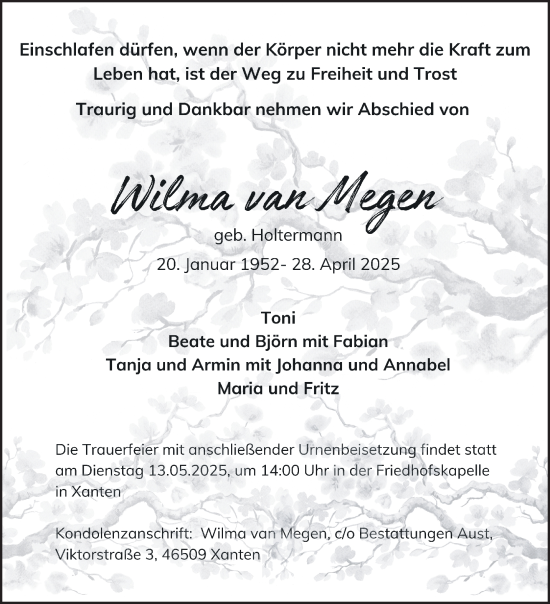 Traueranzeige von Wilma van Megen von NNA