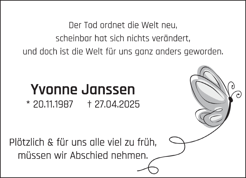  Traueranzeige für Yvonne Janssen vom 10.05.2025 aus NNA