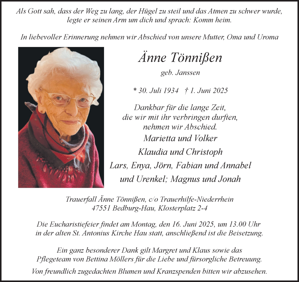  Traueranzeige für Änne Tönnißen vom 07.06.2025 aus NNA