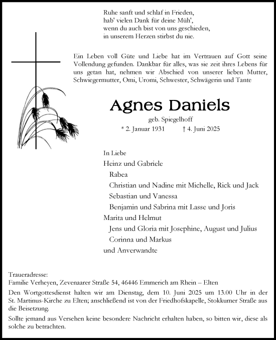 Traueranzeige von Agnes Daniels von NNA