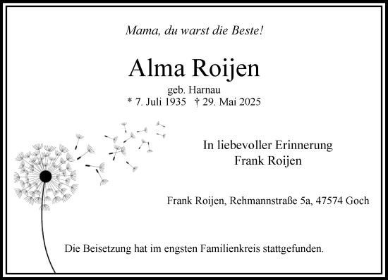 Traueranzeige von Alma Roijen von NNA