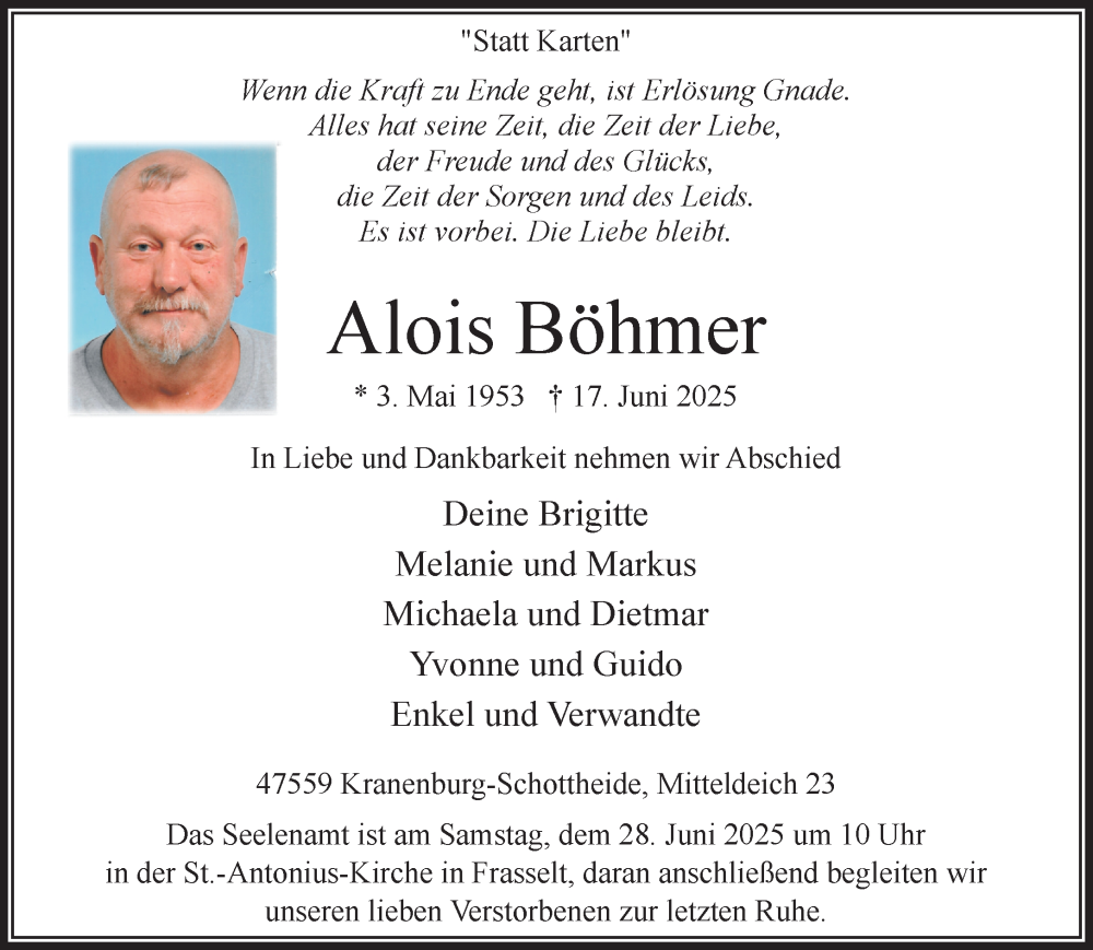  Traueranzeige für Alois Böhmer vom 21.06.2025 aus NNA