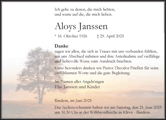 Traueranzeige von Aloys Janssen von NNA