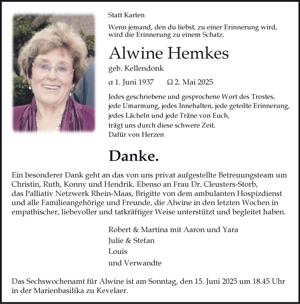  Traueranzeige für Alwine Hemkes vom 14.06.2025 aus NNA