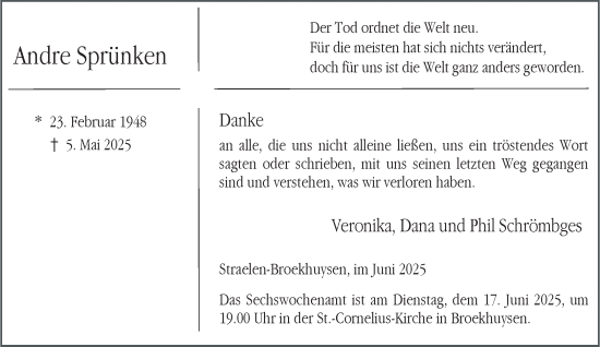 Traueranzeige von Andre Sprünken von NNA